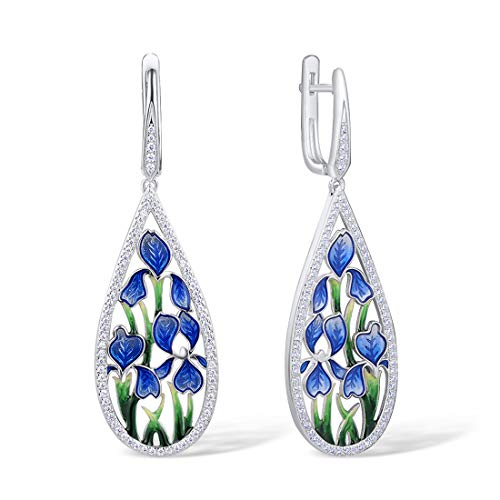 Namana Blaue Blumen-Ohrringe für Damen. 925 Sterling Silber lange Ohrringe für Frauen mit Emaille und Zirkonia Edelsteinen. Blaue Ohrhänger mit Geschenkbox von namana