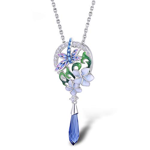 Namana Blaue Libellen Halskette für Damen. 925 Sterling Silber Halskette für Frauen mit Emaille und Zirkonia Edelsteinen. Bunte Sterlingsilber Halskette mit Geschenkbox von namana