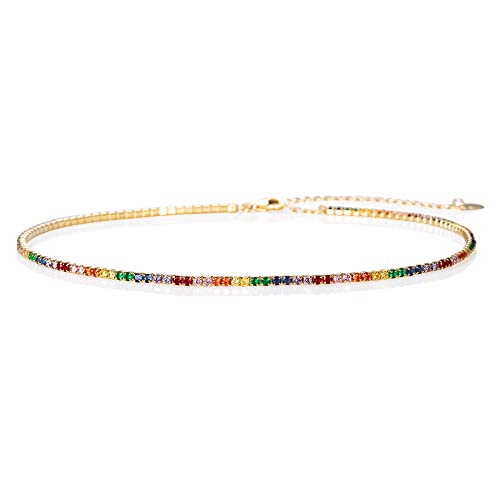 namana Gold Choker-Halsketten für Damen und Mädchen, zierliche Gold-Halskette für Frauen mit bunten Steinen, Gold mehrfarbige Diamanten-Halsreif, Regenbogen-Halskette, Schmuck Geschenke für Frauen von namana