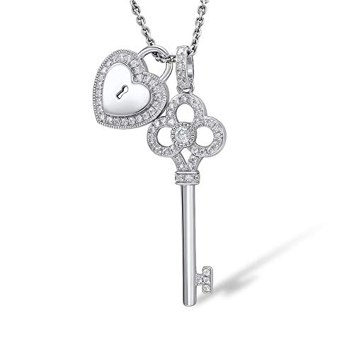 Namana Herz und Schlüssel Halskette für Damen. 925 Sterling Silber Anhänger Halskette für Frauen mit Herzschloss und Schlüssel, besetzt mit Zirkonia Edelsteinen. Sterling Silber Halskette von namana