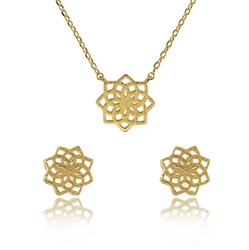 Namana Mandala Set mit Anhänger & Halskette & Ohrstecker, gebürstetes Finish verschiedene Gold und Silber Finish, geometrisches Schmuckset für Damen, Ohrringe und Pendant (Gold, Vergoldet) von namana