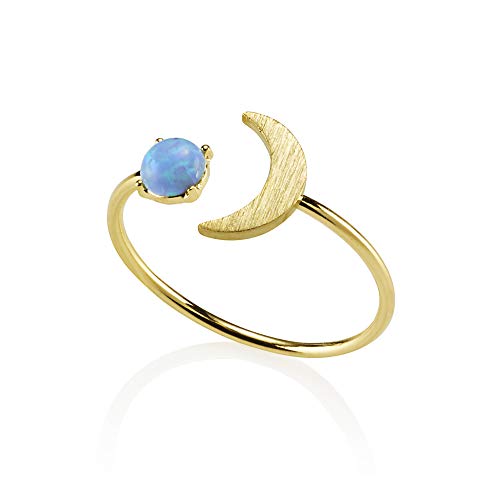 namana Opal-Ring für Damen, offener Goldring mit zierlichem gebürstetem Finish und einem sichelförmigen Mondmotiv mit einem künstlichen rosa Opal, Verstellbarer Damenring, Gold Ring mit Stein von namana