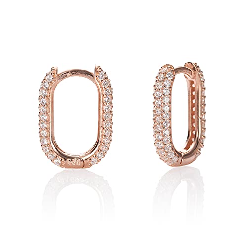 Namana Rechteckige Creolen aus Rosegold für Damen und Mädchen, 925 Sterling Silber Huggie Ohrringe für Frauen mit Cubic Zirkonia Steinen, Creolen für Damen aus Rosegold mit Cubic Zirkonia Steinen von namana