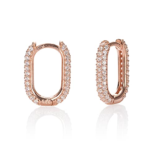 Namana Rechteckige Creolen aus Rosegold für Damen und Mädchen, 925 Sterling Silber Huggie Ohrringe für Frauen mit Cubic Zirkonia Steinen, Creolen für Damen aus Rosegold mit Cubic Zirkonia Steinen von namana