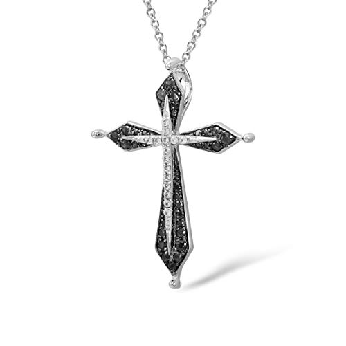 Namana Schwarz und Silber Kreuz Halskette für Damen. 925 Sterling Silber Halsketten für Frauen mit schwarzen und weißen Zirkonia Edelsteinen. Damenhalskette mit Geschenkbox von namana