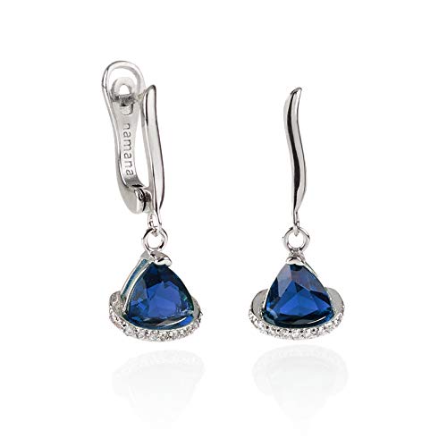 Namana Triangel Tropfen-Ohrringe für Damen. Silberne Clip on blaue Ohrhänger mit blauen Steinen. Farbige Edelsteinohrringe für Frauen mit Geschenkbox. von namana