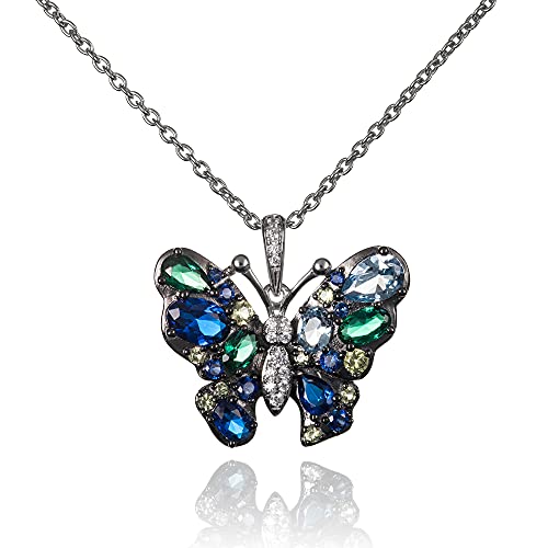 namana 925 Sterling Silber Schmetterling Anhänger mit Halskette für Frauen. Schmetterling-Halskette für Damen mit blauen, grünen und gelben Steinen. Silberkette und anhänger aus Sterlingsilber von namana