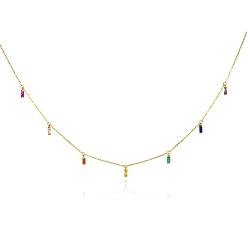 namana Bunte Goldketten für Damen und Mädchen aus 925er Sterlingsilber mit hängenden Anhängern in Baguetteform, zierliche Goldkette für Frauen mit farbigen Zirkonia-Steinen von namana