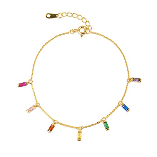 namana Buntes Gold-Charm-Armband für Damen und Mädchen aus 925 Silber, zierliches Goldarmband mit hängenden Anhängern in Baguette-Form, Goldarmbänder mit farbigen Steinen namana Buntes Gold-Charm-Armband für Damen und Mädchen aus 925 Silber, zierliches Goldarmband mit hängenden Anhängern in Baguette-Form, Goldarmbänder mit farbigen Steinen von namana