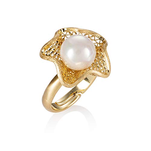 namana Verstellbarer Gold Perlenring für Damen, großer Vergoldet Cocktailring für Frauen mit Einer Kunstperle, Gold Statement-Ring im Blumendesign mit filigranen Details, große Matte Ringe für Damen von namana