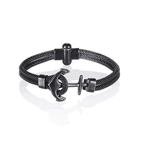 namana Edelstahl Armband mit schwarzem Anker für Männer, Netzarmband in Vintage-Schwarz mit Ankermotiv, nautischer Schmuck in Geschenkbox (20.5) von namana