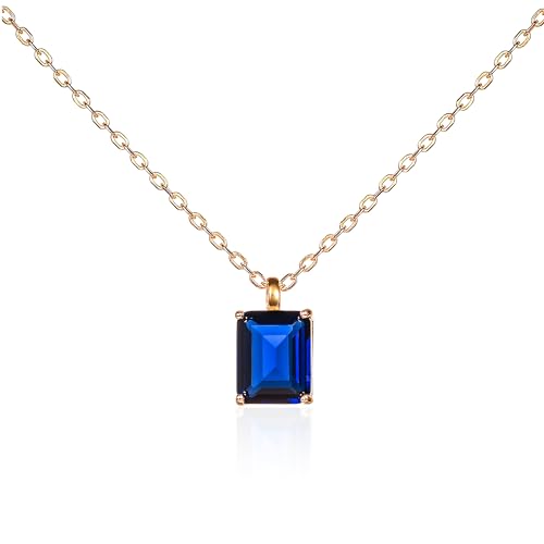 namana Kette mit Saphirblaue Anhänger für Damen mit einem rechteckigen Solitärstein, zierliche Halsketten für Frauen aus 925er Sterling Silber, Goldkette mit einem blauen Stein im Smaragdschliff von namana
