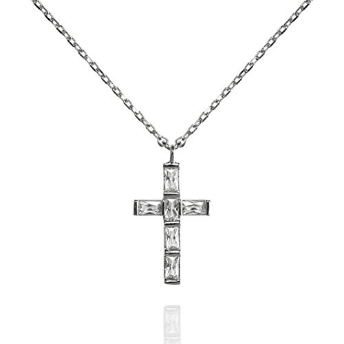 NAMANA Kreuz Halskette mit Baguette-Zirkonia, Kreuz-Anhänger mit Halskette in Silber oder Gold, mit Steinen überzogen, Kreuzkette mit Geschenkbox (Silber, Versilbert) von namana