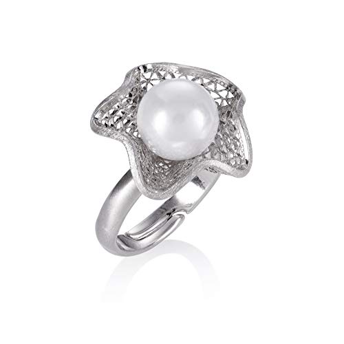 namana Verstellbarer Silber Perlenring für Damen, großer Silber Cocktailring für Frauen mit einer Kunstperle, Silber Statement-Ring im Blumendesign mit filigranen Details, große matte Ringe für Damen von namana