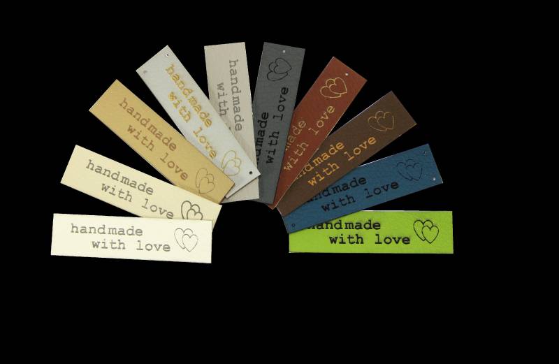 6 Kunstlederetiketten "Handmade With Love" 15x60mm von namensbaenderDE
