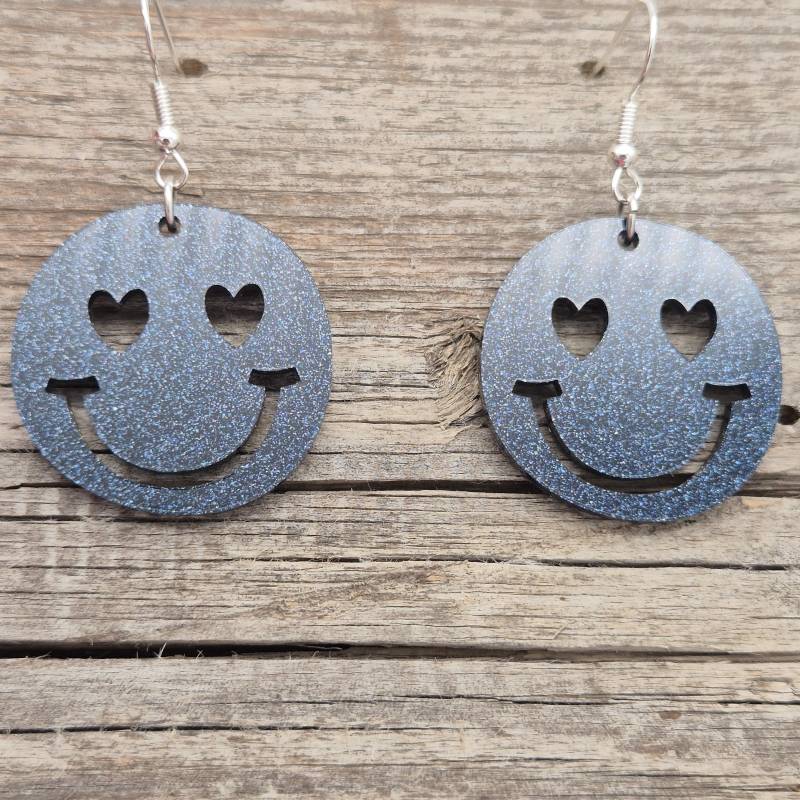 Ohrringe - Freundliche Gesichter Herz Augen Glitzer Blau Leicht Acryl Gute Laune Runde Statement von namensklang