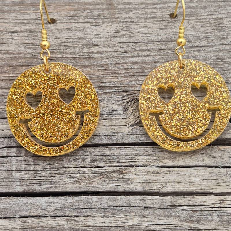 Ohrringe - Freundliche Gesichter Herz Augen Glitzer Gold Leicht Acryl Gute Laune Runde Statement von namensklang