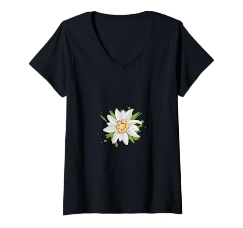 Damen Edelweiß Blüte – Alpenblume Illustration Naturmotiv T-Shirt mit V-Ausschnitt von namo-Tee