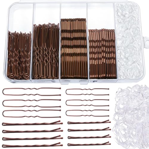 300 Stück Haarklemme Set,Metal Haarnadeln Damen Haar Accessories 100 U-förmige in 5cm 6cm,100 Hair Pins in 5cm 7cm,100 kleine Gummmibänder in einer Aufbewahrungsbox (Braun) von namow