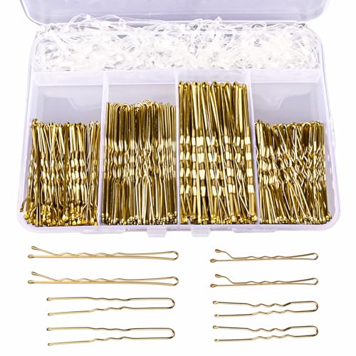300 Stück Haarklemme Set,Metal Haarnadeln Damen Haar Accessories 100 U-förmige in 5cm 6cm,100 Hair Pins in 5cm 7cm,100 kleine Gummmibänder in einer Aufbewahrungsbox (Gold) von namow