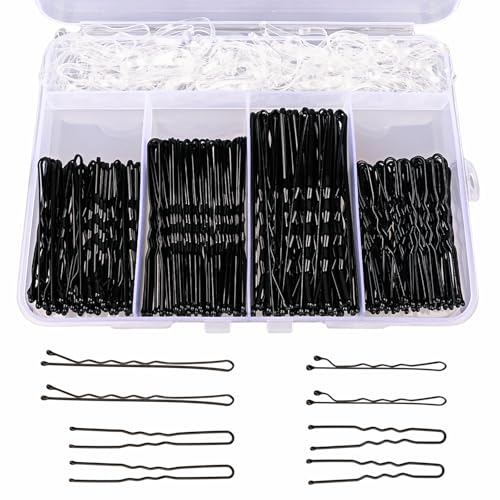 300 Stück Haarklemme Set,Metal Haarnadeln Damen Haar Accessories 100 U-förmige in 5cm 6cm,100 Hair Pins in 5cm 7cm,100 kleine Gummmibänder in einer Aufbewahrungsbox (Schwarz) von namow