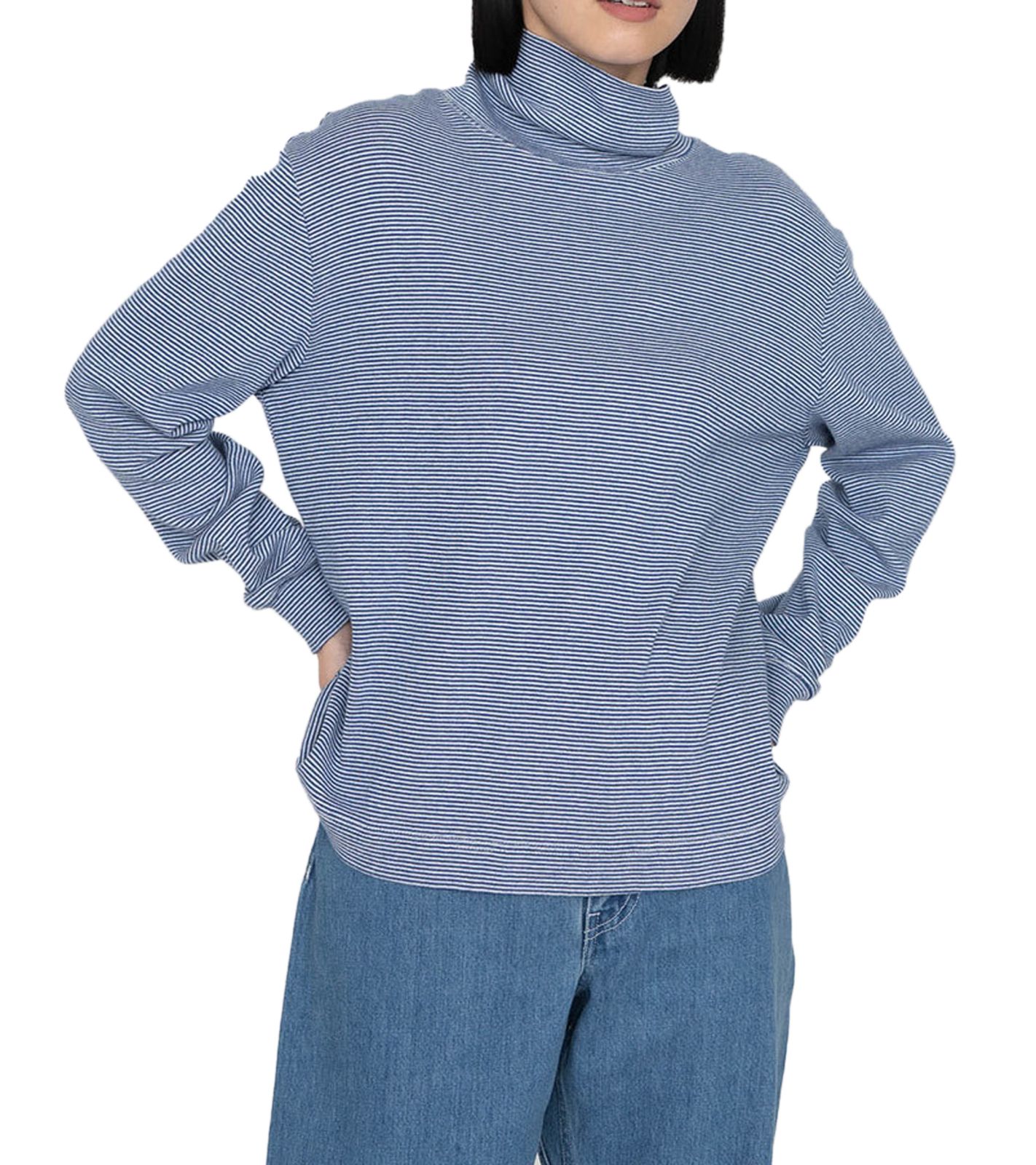 nanamica Damen Rollkragenpullover mit Streifen Langarm-Rollkragen Herbst-Pullover SUHF163 Blau/Weiß von nanamica