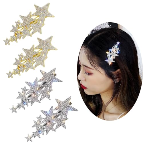 Haarspangen mit fünfzackigen Sternen, glänzend, Strass, elegante Entenschnabel-Clip, modische Haarspangen für Mädchen und Frauen (Gold + Silber), 4 Stück von nanaxagly