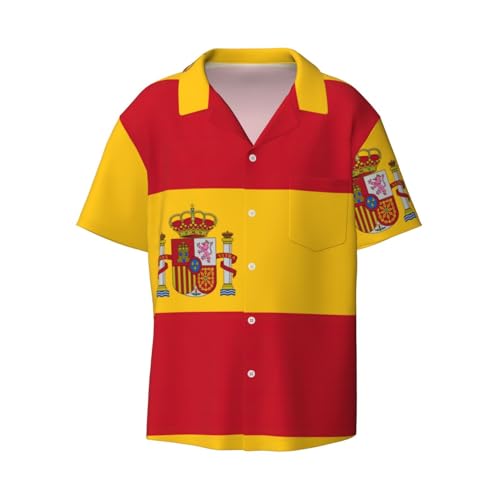 nanger Herren-Sommerhemd, lässig, spanische Flagge, kurze Ärmel, Hawaiianisches Strandkleid mit Tasche, Schwarz , L Größe Größen von nanger