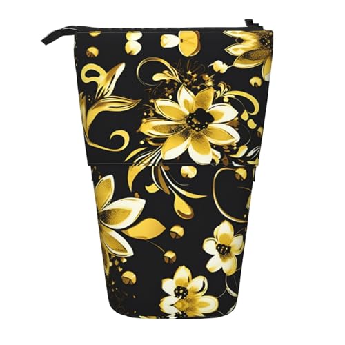 nanger Teleskop-Federmäppchen mit schwarzen und goldenen Blumen, tragbarer Stifthalter, Organizer-Box für Büro, Make-up, Schreibwaren von nanger