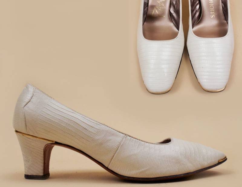 50Er 60Er Vtg Echte Reptile Mid High Heel Mandel Toe Pumps/Pin Up Vlv Retro Braut Hochzeit Ledersohle 6 Eu 36 von nanometer