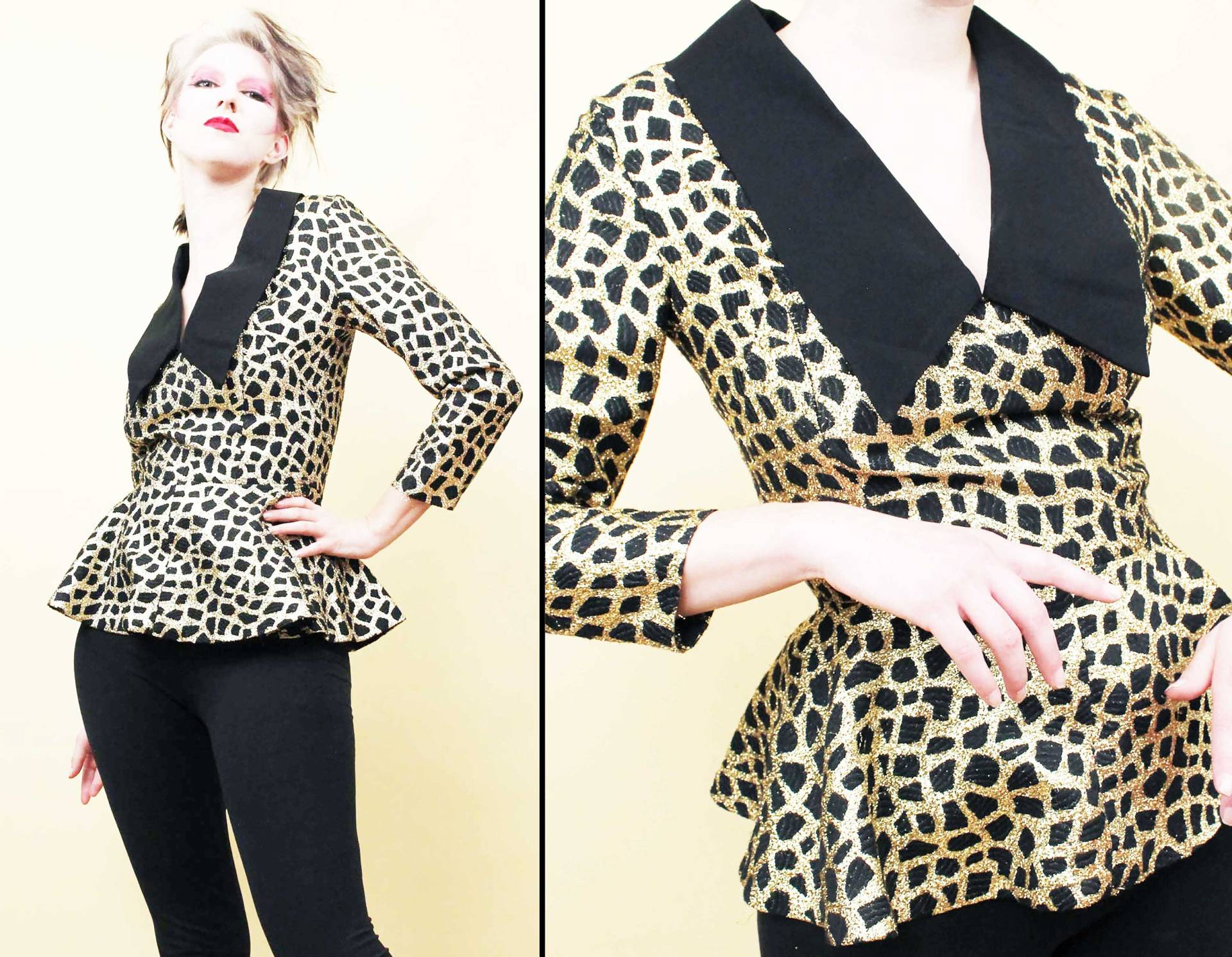 50Er Vtg Schwarz & Gold Lurex Knit Peplum Riesen Kragen Bluse Shirt Top Sleeve Pin Up Bad Girl Vixen Animal Print Leopard Giraffe Damen Sm von nanometer