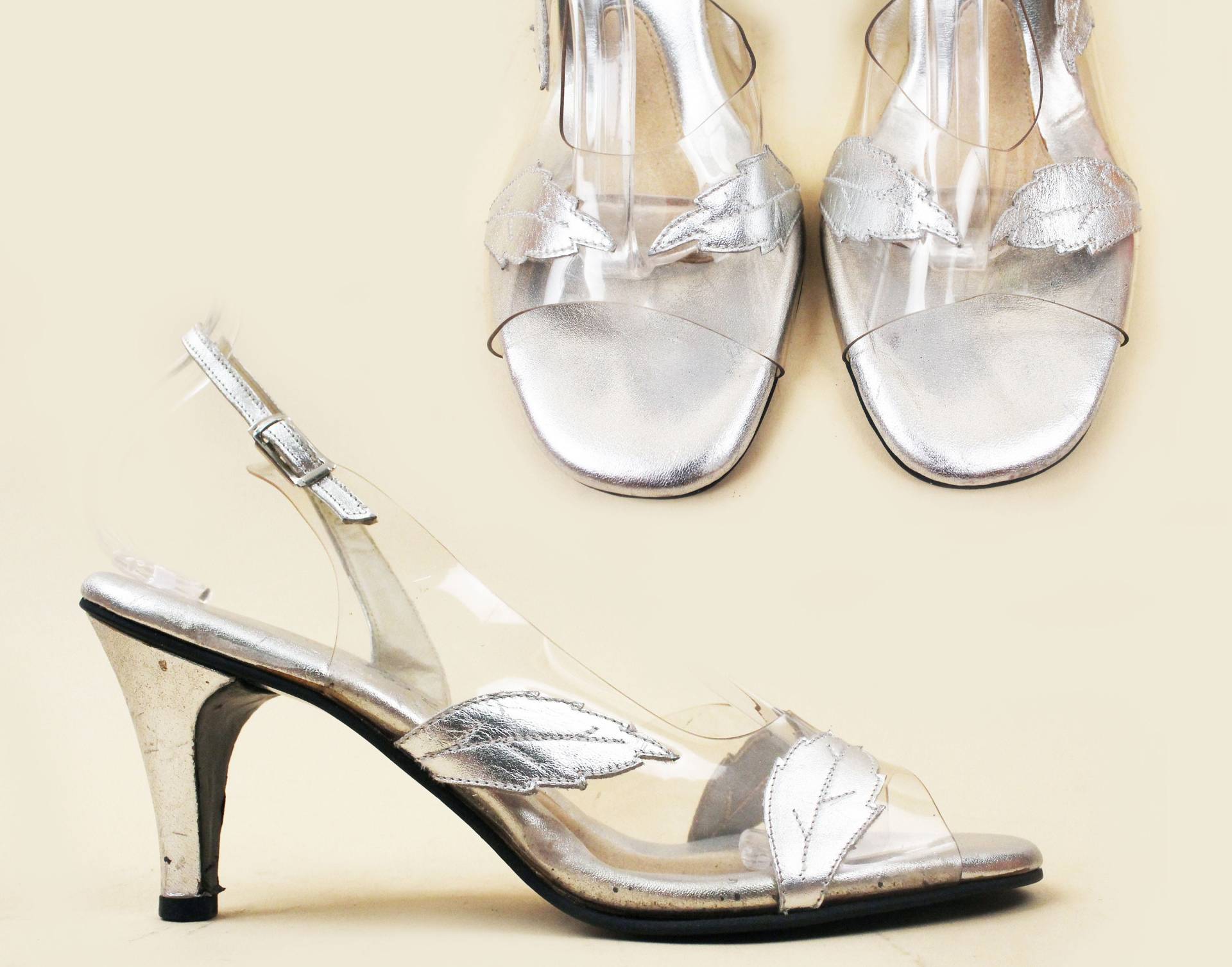 60Er 70Er Vtg Polly Von Ca Silber Metallic Blatt Vinyl Transparent High Heel Slingback Peep Toe Sandal Pin Up Glam Damen 7 7, 5 Eu 37, 5 38 von nanometer