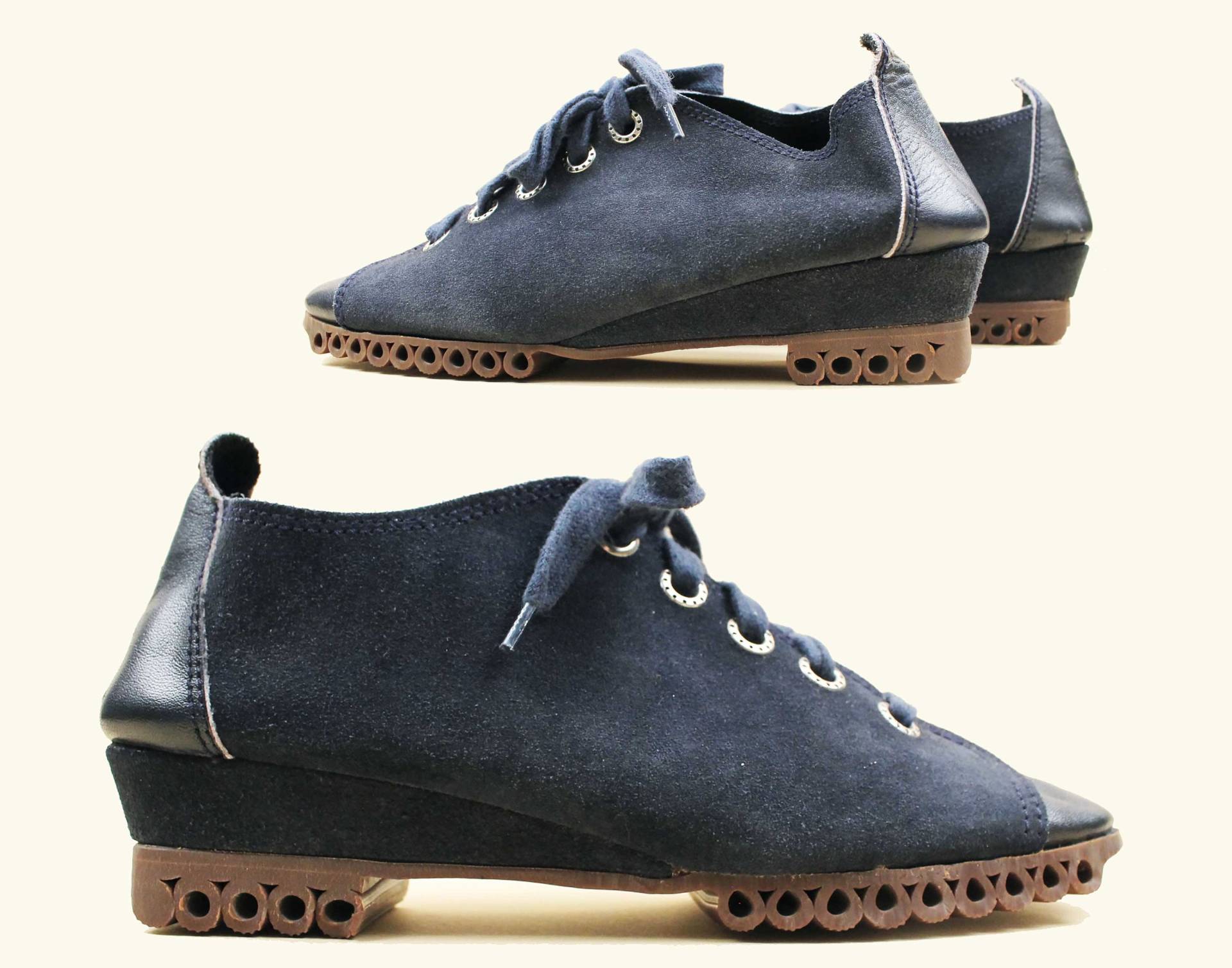 60Er Vtg French Navy Blue Wildleder Dunham Daters Lace Up Wedge Sneaker Schuh Lässig Sportlich Mod Rigatoni Sohle Ungewöhnliche Damen Us 7, 5 Eu 38 von nanometer