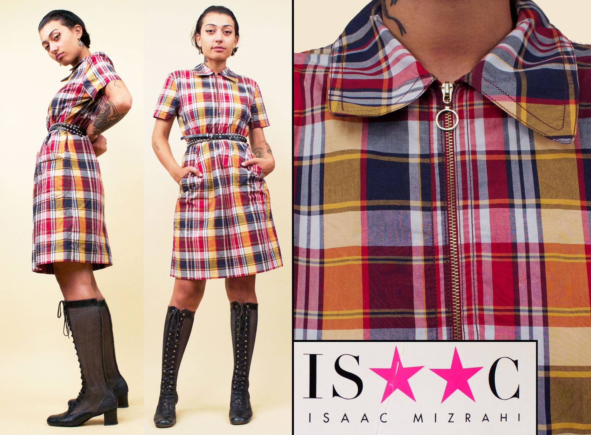 90S Does 60S Vtg Isaac Mizrahi Tartan Karo O Ring Kragen Shirt Mini Kleid Northern Soul Mod Oi Big Pocket Jumper Boxy Nwt Deadstock von nanometer