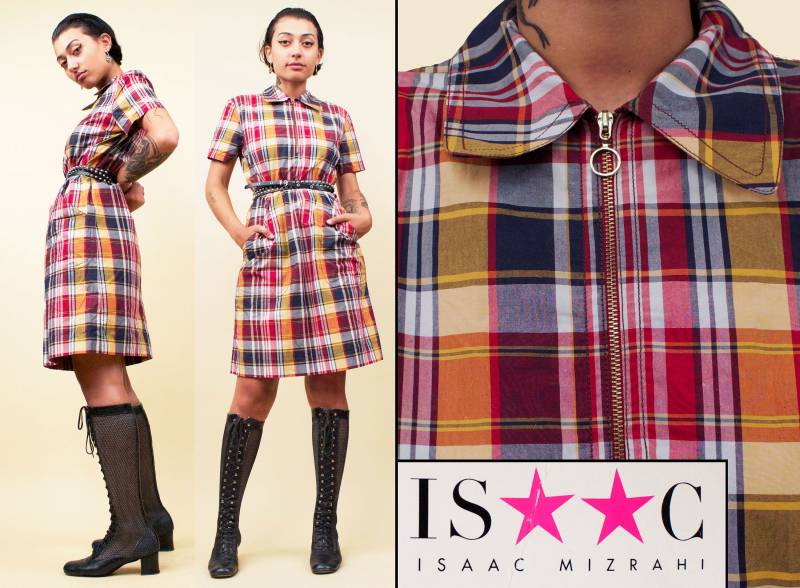 90S Does 60S Vtg Isaac Mizrahi Tartan Karo O Ring Kragen Shirt Mini Kleid Northern Soul Mod Oi Big Pocket Jumper Boxy Nwt Deadstock von nanometer