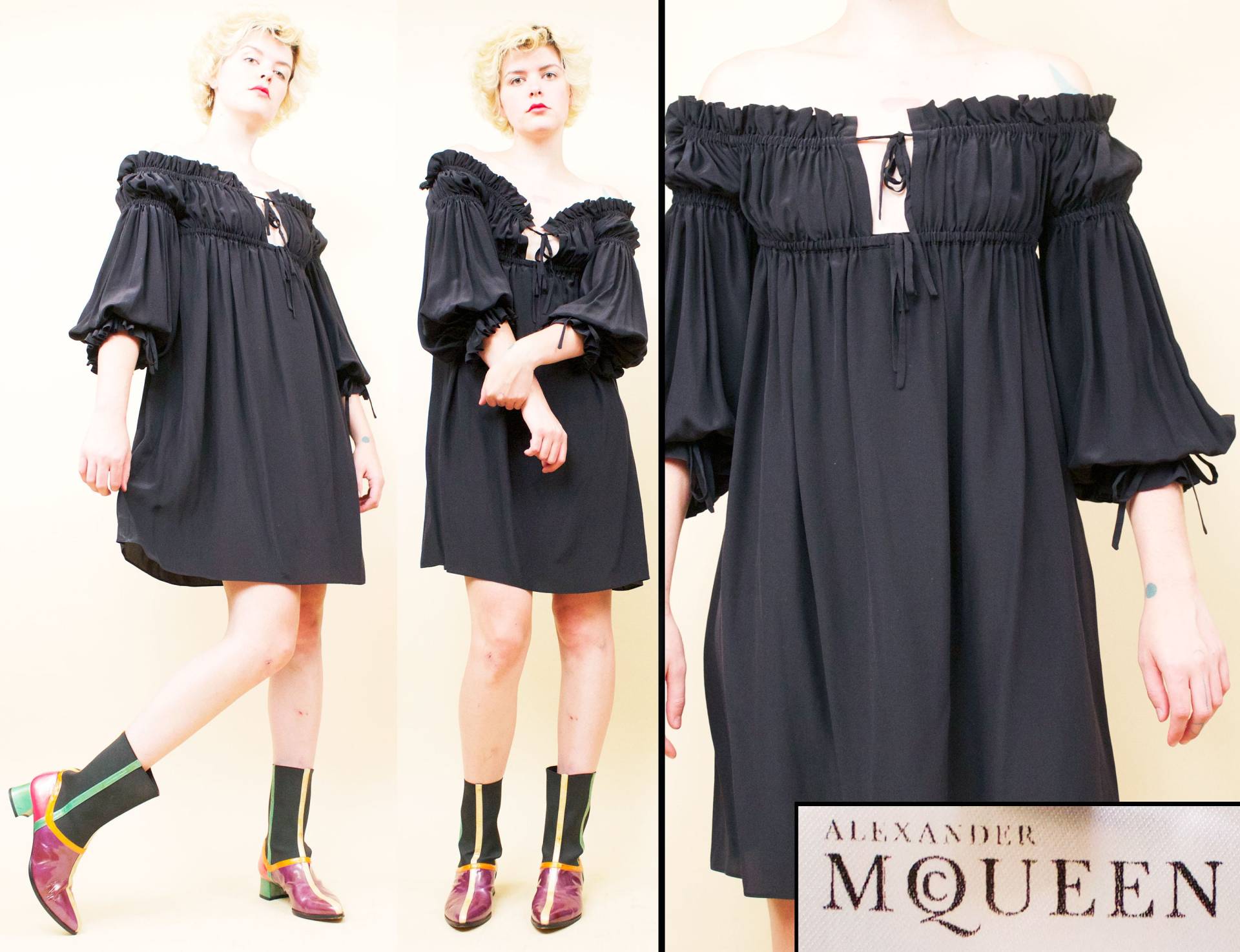 Vtg Alexander Mcqueen Schwarz 100% Seide Baby Doll Tented Swing Renaissance Billowy Ballonärmel Mikrominikleid Italien Designer 46 von nanometer