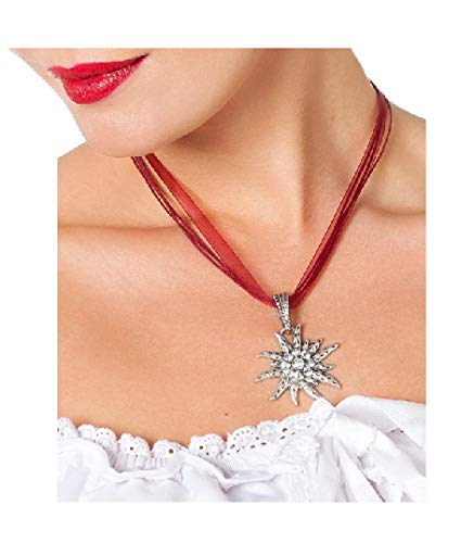 W31534 Silber-dunkelrot Damen Trachten Kette Edelweiß Blume von narrenkiste