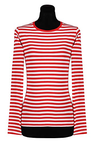 narrenkiste T2976-0502-S rot-weiß Damen Langarm tailliert Ringelshirt Gr.S=38 von narrenkiste