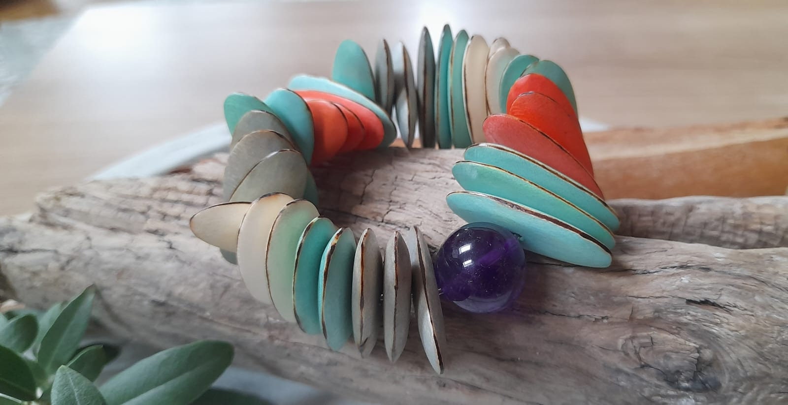 Armband Akazienholz Naturschmuck Steine Amethyst von naturalquality