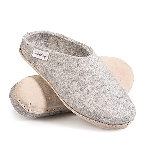 naturling Herren Hausschuhe - bequeme Filz Pantoffeln - echte Ledersohle Grau 44 (Grau, 44 EU, numeric_44) von naturling