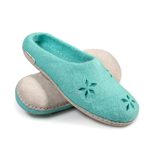 naturling Damen Filz Hausschuhe Blumen mit Leder Sohle - Bequeme Filz Slipper für schmale Füße (Mint, Numeric_38) von naturling