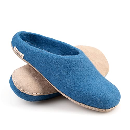 naturling Damen Filz Hausschuhe mit Leder Sohle - bequeme Filz Slipper für schmale Füße (Blau, numeric_41) von naturling