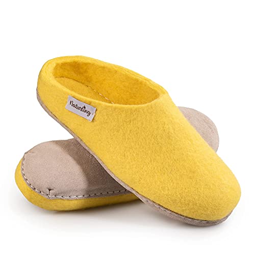 naturling Damen Hausschuhe - bequeme Filz Pantoffeln - echte Ledersohle Gelb 40 (Gelb, 40 EU, numeric_40) von naturling