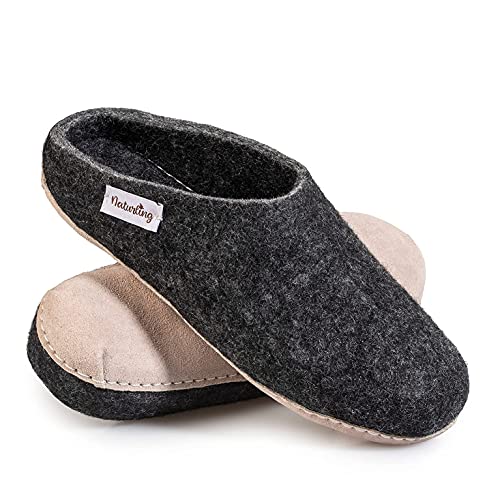 naturling Herren Hausschuhe - bequeme Filz Pantoffeln - echte Ledersohle Anthrazit 45 (Anthrazit, 45 EU, numeric_45) von naturling