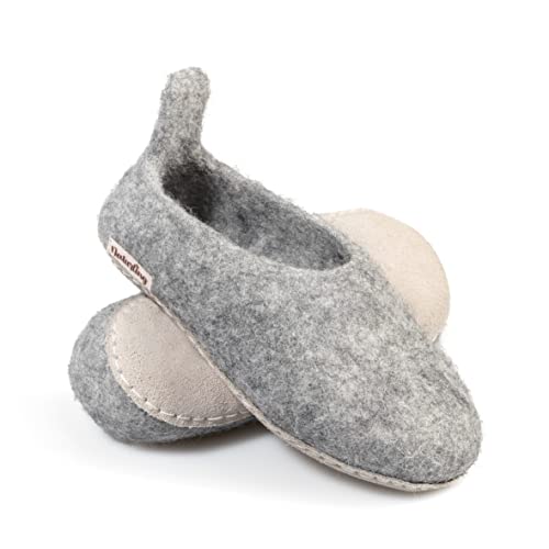naturling Kinder Filz Hausschuhe für Mädchen mit Anziehlasche und bequemer Ledersohle (Grau, numeric_27) von naturling