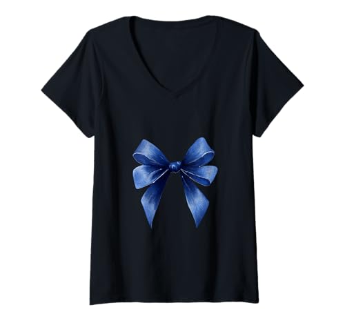 Damen Schleife in Aquarell|| Kokette || Ästhetische marineblaue Schleife T-Shirt mit V-Ausschnitt von navy blue cute theme