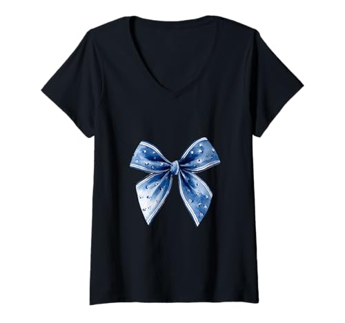 Damen Schleife in Aquarell|| Kokette || Ästhetische marineblaue Schleife T-Shirt mit V-Ausschnitt von navy blue cute theme
