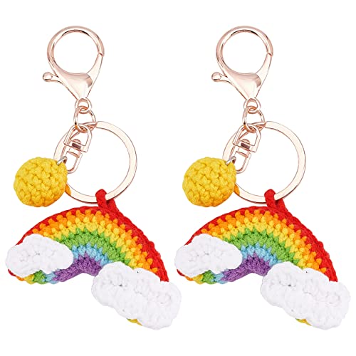 nbeads 2 Stück Regenbogen Schlüsselanhänger, Niedliche Strickstoff Regenbogen Anhänger Schlüsselanhänger Mit Ball häkeln Handgemachte Glücksbringer Auto Schlüsselanhänger Für Brieftasche von nbeads