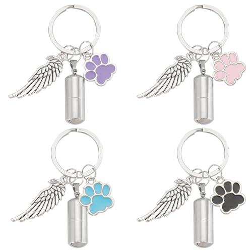 nbeads 4 Stück 4 Farben Haustier Asche Schlüsselanhänger, Memorial Schlüsselanhänger Pet Keepsake Einäscherung Schlüsselanhänger Schmuck Urnenanhänger mit Engelsflügeln von nbeads