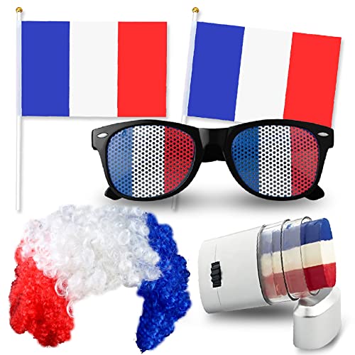 Frankreich-Fan-Set – 4 Zubehörteile: Perücke + Brille + Make-up + Flagge blau weiß rot – gehen Sie die blauen Frankreich-Fan-Set – 4 Zubehörteile: Perücke + Brille + Make-up + Flagge blau weiß rot – gehen Sie die blauen von nedit